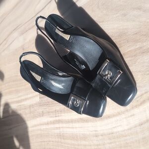 Alfani Black Leather Slingback Heels with Silver Buckle